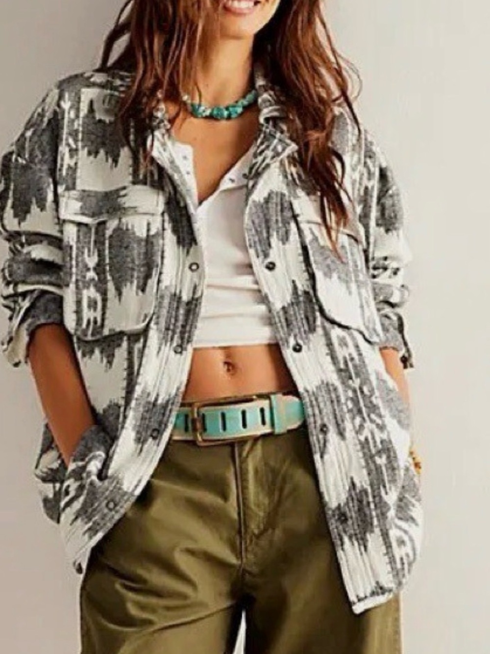 We The Free Izzie Cargo Jacquard Shacket Jacket Gray White Size L 90s Grunge